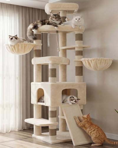 Heybly Kratzbaum XXL 210 cm, Extra Hoher Katzenbaum Beige HCT063MJ | Für Große Wohnungskatzen,Stabiler Cat Tower Mit 2 Körben, Katzenhöhle, Plattformen,Breitem Sisal-Kratzbrett,Ein