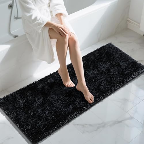 Image of Yimobra Long Bathroom Rugs Runner 60x24 Inch, Extra Thick Soft Absorbent Chenille Bath Mat, Non Slip Machine Washable, Quick Dry Bath Rugs for Bathroom Floor, Tub and Shower, Black
