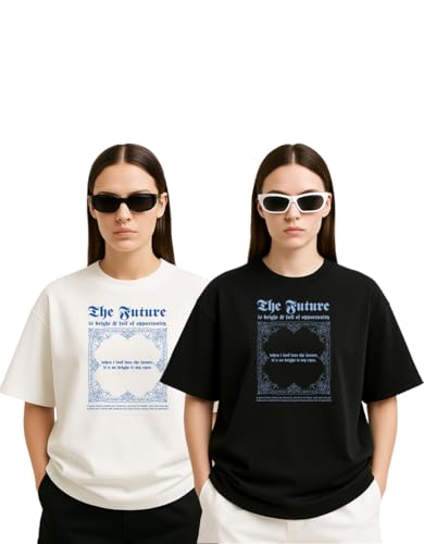 Image of Women's Oversized Cotton Blend Graphic T-Shirt Combo (Pack of 2) | Baggy Fit, Drop Shoulder, Half Sleeves | Sizes S to 2XL