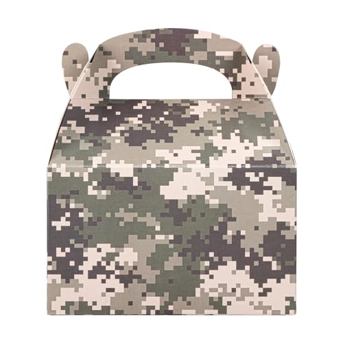 Restaurantware RWA1219BRG-25 Bio Tek 6 X 3.5 X 3.5 Inch Gable Boxes For Party Favors, 25 Attractive Gift Boxes - Camouflage Print, With Built-In Handle, Paper Barn Boxes thumb #5