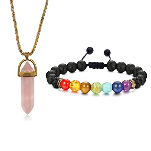 7 Chakra Healing Crystals Healing Stones Bracelet and Crystal Rose Quartz Necklace Hexagonal Pendant Gemstone Chakra Healing Stone Crystal