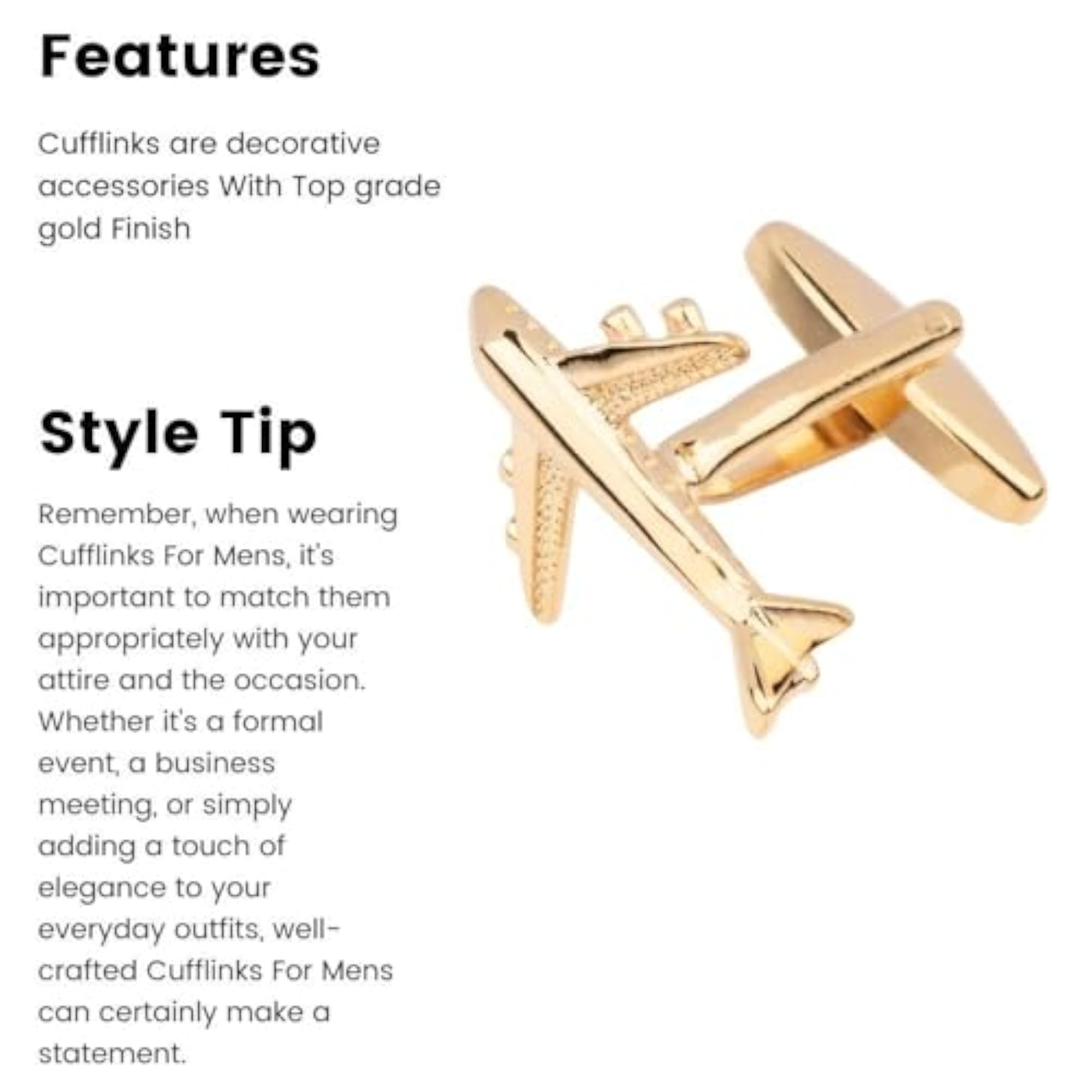 Gold Airplane Cufflinks for Men, Aviation Inspired