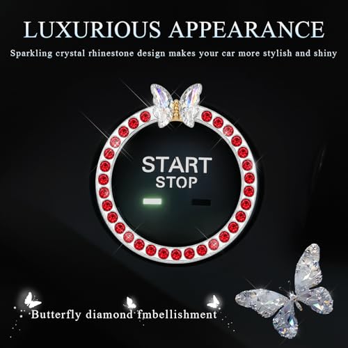 Image of DXNQ 2PCS Bling Ring Emblem, Sparkling Butterfly Car Buttons and Knobs Ring, Girly Butterfly Diamond Car Engine Start Button Cover, Key Ignition Knob Rings Decoration for Women (Red, Single Row)