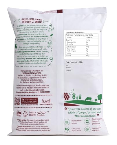 Image of S Siddhagiri's SATVYK THE HEALTH re STORE Barley Flour (1kg) - 100% Whole Barley Atta | Stone Grounded | Rich In Fibre & Protein | Soft Fluffy Rotis | Freshly Grounded
