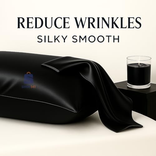 Image of Satin Silk Pillow Cover for Hair and Skin 2 Piece with 3 Piece Satin Silk Scrunchies | 1 Silk Hair Band Free Solid Pillow Covers with Envelope Closure (Rose Taupe) (Black + Cap)
