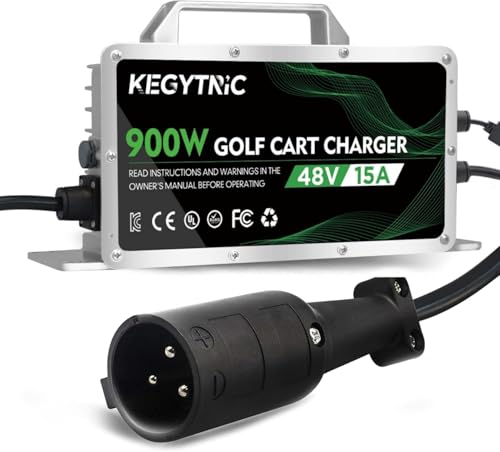 Club Car Battery Charger, 15 AMP 48 Volt Golf Cart Charger with 3-Pin Round Plug, 20% Faster 900W Club Car 48V Charger with OBC Bypass, IP67 Waterproof & Auto Shut-Off for Lead Acid Battery