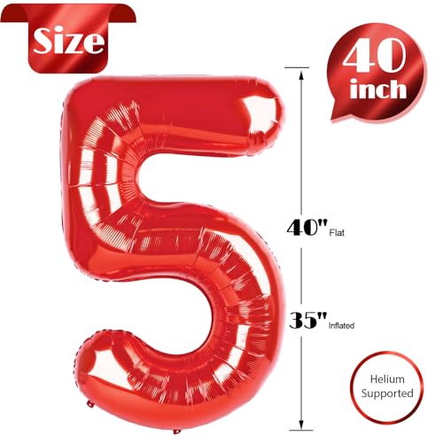 Image of Red Number 5 Balloon 40 Inch, 5th Birthday Party Decorations, Giant 5 Foil Balloon for Party Supplies