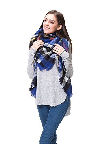 Lemef Women Stylish Warm Tartan Blanket Scarf Large Gorgeous Plaid Wrap Shawl, Royal Blue, One Size