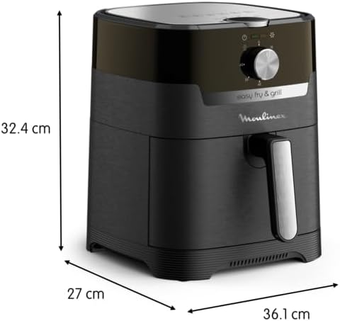 Moulinex Easy Fry & Grill con dimensioni indicate: 36.1 cm di lunghezza, 27 cm di larghezza, 32.4 cm di altezza