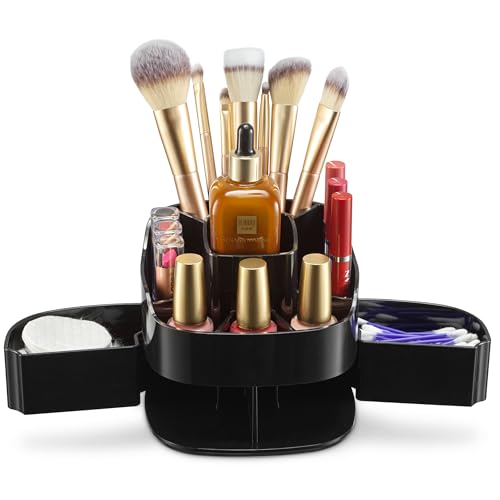 Image of Masirs 360 Rotating Makeup Organizer for Vanity - Small Acrylic Cosmetic Storage Caddy with 5 Compartments, Mini Lazy Susan Turntable for Bathroom Counter, Skincare, Perfume, Brushes, Black