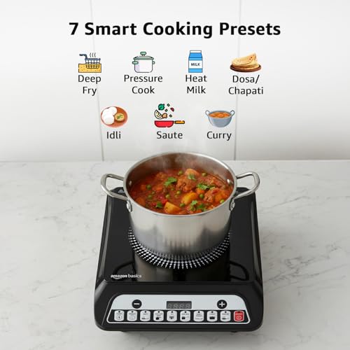 Image of Amazon Basics 1600W Induction Cooktop | 7 Pre-Set Cooking Menus | LED Display | Smart Push Buttons I Energy Efficient, Auto Cut-off, 20A IGBT & 4KV Surge Protection I Black