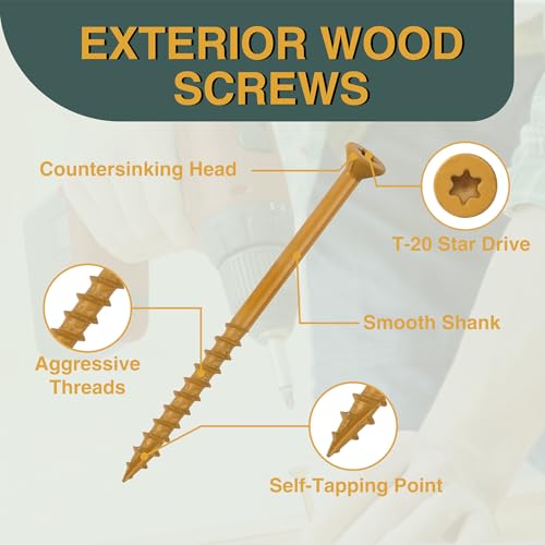 Image of T.K.Excellent Deck Screws 2 Inch Wood Screws #8 x 2, 630 Pcs, Rust Resistant Structural Screws Tan Exterior Fence Screws Torx Drive Screws, Two T20 Bits, Brilliant Yellow Ruspert Coating Rust Proof
