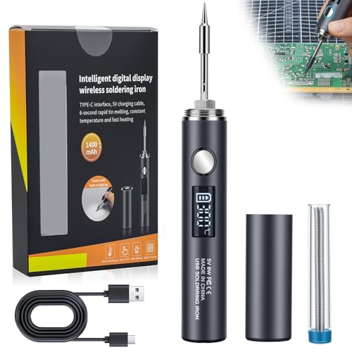 Cordless Soldering Iron Kit, 1400mAh Rechargeable Cordless Soldering Iron, 7 Seconds Fast Heating(500°F-788℉), LED Light and Adjustable Temperature, Soldering Iron for Electric Repairs, DIY