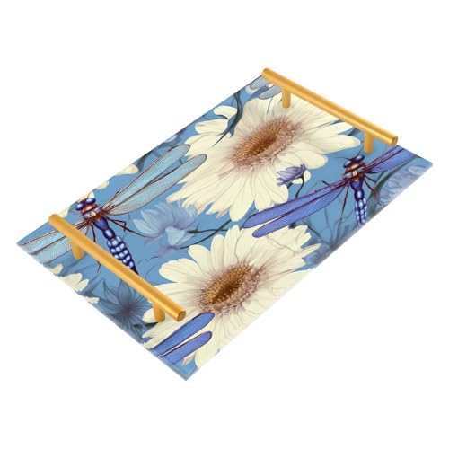 Wassud Bathroom Vanity Tray with Handles Dragonflies and Daisies Acrylic Jewelry Perfume Organizer for Bathroom Kitchen Counter 11.81