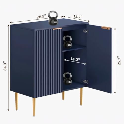 Image of Floated Panel Wooden Sideboard Cabinet | 2 Door Storage Unit with Metal Legs | Premium HDMR Wood Console Cabinet for Living Room, Kitchen & Dining | DIY Leg Assembly | Blue