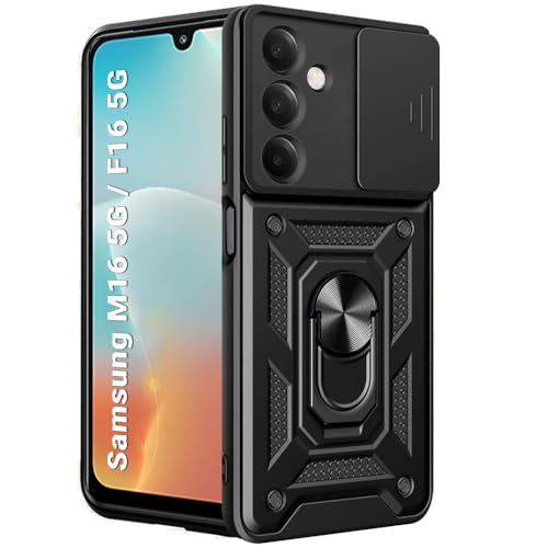 Image of TheGiftKart Tough Armor Bumper Back Cover Case for Samsung Galaxy M16 5G / F16 5G | Sliding Camera Cover, KickStand & Ring Holder | 360 Protection Back Case for Samsung M16 / F16 5G (PC & TPU, Black)