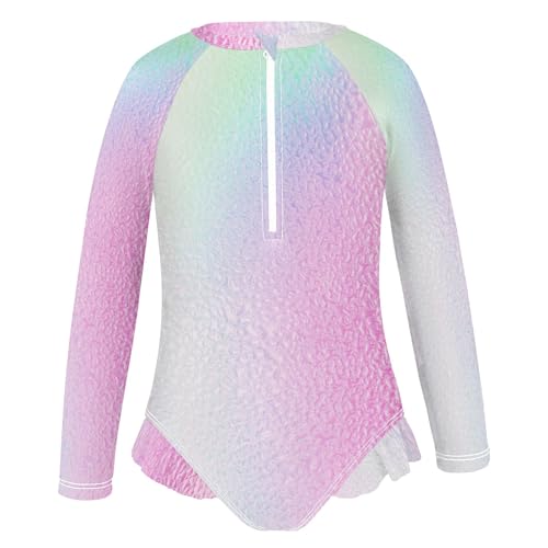Holographic Gradient Rainbow Rashguard Girls Swimsuit One Piece Long Sleeve Ruffles Swimwear 3T2