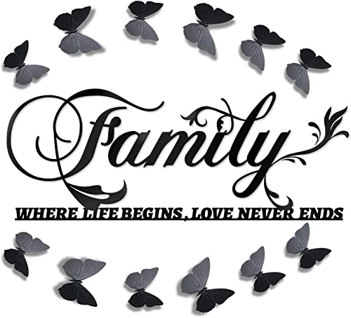 LyTaispuly Family Where Life Begins Love Never Ends Word Schilder Eisen Schwarz Wanddekoration mit 12 Stück 3D Schmetterling für Heimdekoration, DIY Dekorationen für Wohnzimmer, Schlafzimmer Cover