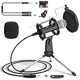 PEYOU Micrófono PC, Micrófono de Condensador con Trípode Portátil, 3,5 mm Jack con Cable Divisor para PC, Tableta, Teléfono, Filtro Antipop y cubierta de Espuma para Grabar, Podcast, Youtube, Karaoke