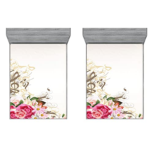 ABAKUHAUS Floral Sábana Elastizada Juego de 2, Flores y Notas de la música, Suave Tela Decorativa Estampada Elástico en el Borde, 120 cm x 190 cm, Cáscara de Huevo Multicolor
