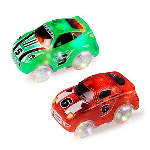 Mini Tudou Magic Tracks Cars 2 Pack Toys Cars Red Green Cartoon Car with 3 LED Lights Glow in Dark for Magic Tracks and Neo Tracks Accessories for Boys and Girls