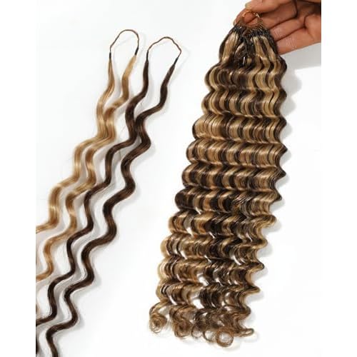 BEEOS Highlights Crochet Human Hair Deep Wave, P4/27 Brown with Honey Blonde Pre-Separated Knotless Crochet Human Hair for Women, Reusable 1 PCS 25 Strands 22 Inch
