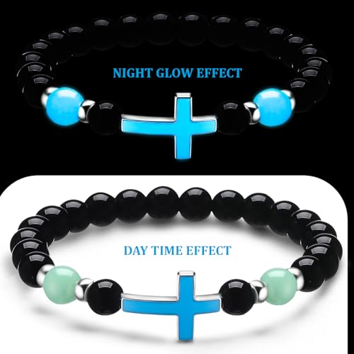 8 Pcs Luminous Cross Bracelet Christian Religion Matching Friendship Bracelet Glow in the Dark Natural Volcanic Stone Wristband Gift for Woman Man Couple Healing Beads Jesus2