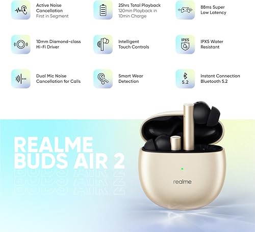 Image of realme Buds Air 2 True Wireless in Ear Earbuds with Active Noise Cancellation (ANC), Super Low Latency Gaming Mode, Smart Wear Detection, Fast Charging & Up to 25Hrs Playtime (Closer Gold)