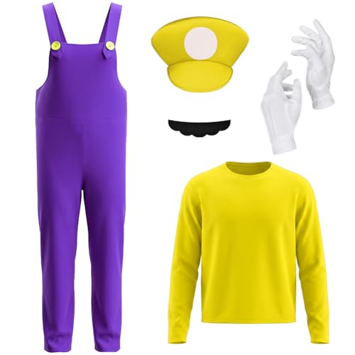 BSBUY Super Brothers Cosplay Kostüm 5 Pcs Cosplay mit T-Shirt Mütze Hose Bart Handschuhe Super-Brüder Wario Kostüm Set Männer Damen Erwachsene Outfit Kostüm für Karneval Party Faschingskostüme (Gelb)