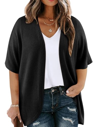 Eytino Womens Plus Size Cardigan Casual Short Sleeve Waffle Knit Kimono Open Front Tops(1X-5X)