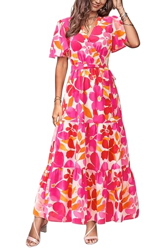 Image of MASCOMODA Women Boho Swiss Dot Maxi Dresses Wrap V Neck Flutter Short Sleeve Solid Tie Waist A Line Tiered Flowy Long Dresses