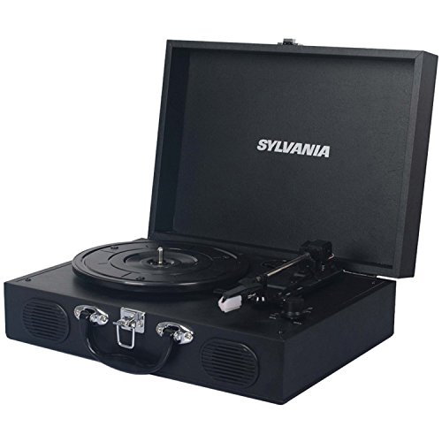 Sylvania STT104BT - Vintage Turntable - 3 Speed Vinyl Record Player - Suitcase/Briefcase Style w Built-in Stereo Speakers - Supports USB/RCAOutput/HeadphoneJack/MP3/Mobile Phones - Belt Driven - Black