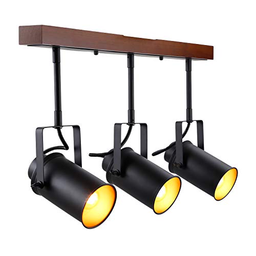 LEONLITE Track Light with Wood Ceiling Base, 3-in-1 Spotlight, Retro Industrial Style, 3 Bulbs Included, for Dining Rooms, Kitchens, Living Rooms, Restaurants, Pubs, 5 YEARS WARRANTY
