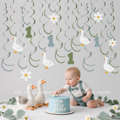 Image of 24Pcs Sage Green Dusty Blue One Silly Goose Hanging Swirl Decoration Blue Green Daisy Felt Swirl Streamer Spiral Ceiling Garland for Silly Goose Themed First Birthday Happy 1st Birthday Party Supplies