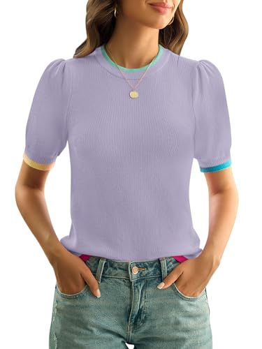 Image of Yousify Womens Puff Short Sleeve Sweater Top Summer Trendy Crew Neck Casual T Shirts Blouses