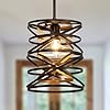 Farmhouse pendant light industrial pendant lights kitchen island small rustic metal cage drum chandelier for dining room over table lighting black with retro wood texture e26 base  urban country home decor