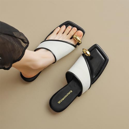 Womens Canvas Metal Toe Ring Memory Foam Dress Slippers Fashionable Comfortable Square Open Toe Flat Clip Toe Slides Sandals Casual Summer Vacation Party Slipper3