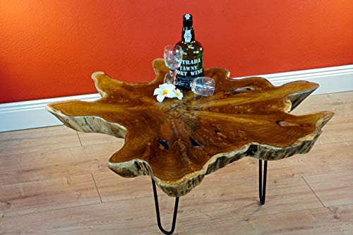 Table basse Luhu en teck 65 x 65 cm Plateau de bois massif de racine Style maison de campagne rustique Convient pour le salon, le jardin d'hiver