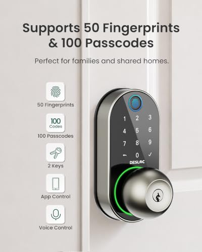 Image of DESLOC D212 Fingerprint Door Knob with WiFi, Smart Keypad Lock for Bedroom, Office & Apartment, Keyless Entry Door Lock with App Control & Auto Lock