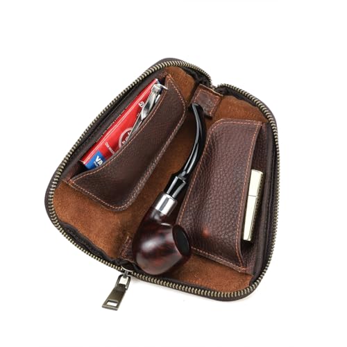 CONTACTS Estojo de Couro para Tabaco de Cachimbo com Zíper, Organizador Portátil para Cachimbos e Acessórios com Suporte para Isqueiro, Caixa de Viagem para Tabaco e Fumo, Luxo(Marrom)