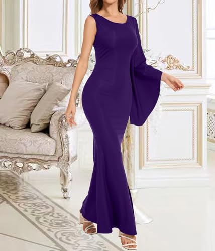 Image of Women's Elegant One Bell Sleeve Side Split Bodycon Long Formal Evening Dress