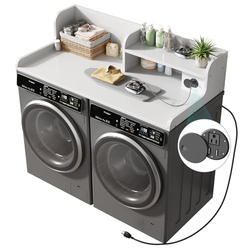 DTK Washer Dryer Countertop with Charging Station, 2 Tier Laundry Countertop with Anti-Slip Strips, 27.55' Depth x 54' Width, Wood Dryer Cover with Shelf,White (White)