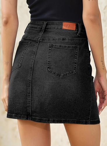 Image of Sidefeel Women's Jean Skirt High Waist Drawstring Stretchy Casual Summer Loose Fit Trendy Mini Denim Skirt with Pockets