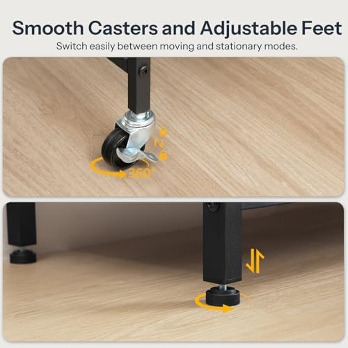 Od blizu view of smooth casters and adjustable feet options for the rolling TV stand.