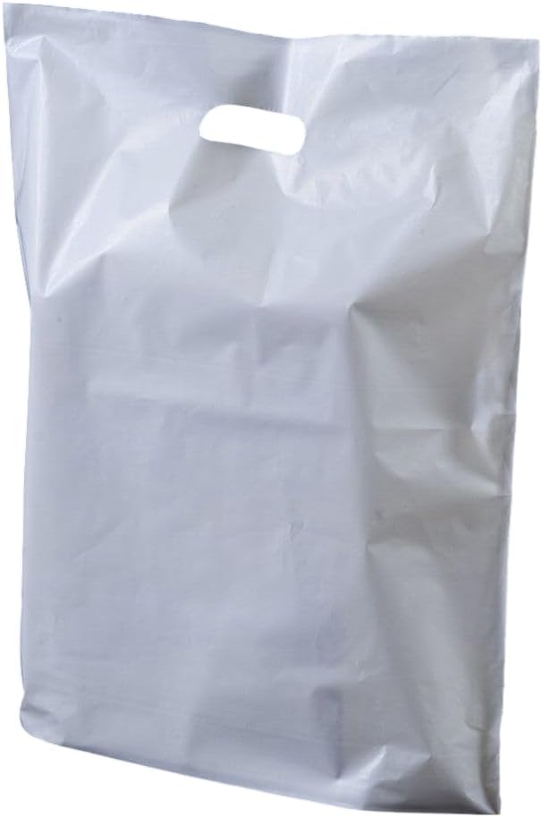 100 White with Handles | Patch Handle Carrier Bags | Large Size 18 x 15 x 3 for Shopping Groceries Gift Boutique Supermarket Cash N Carry Business Market Stall