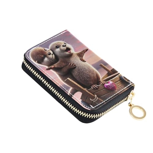 Cute Otter Couple Love Womens Wallet Leather Credit Card Holder RFID Blocking Small Coin Purse Wallet with Zipper