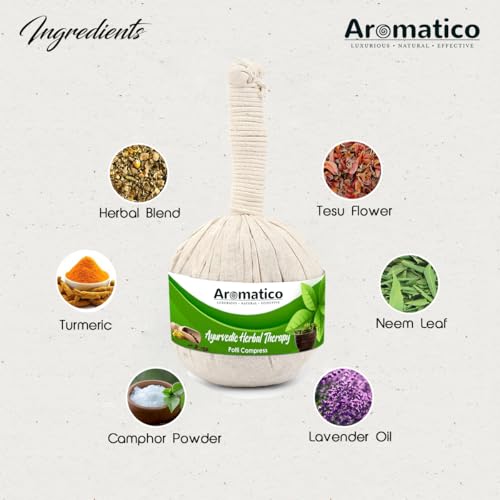 Image of AROMATICO Ayurvedic Herbal Potli with 17 ancient herbs. Helps with Pain Relief, Post-Workout Recovery & Muscle Relaxation. For Men & Women. 200gm Pack of 2