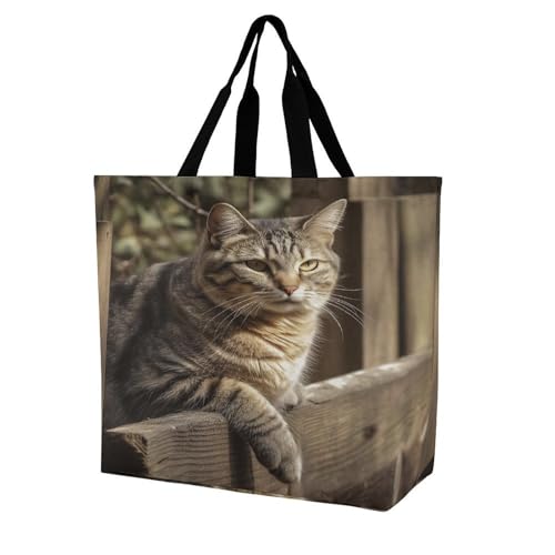 Women's Multi-Functional Shopping Bag，Cat on Wooden Fence Printing Messenger Bag Shoulder Bag for Travel, Work, Shopping & Parties with Inner Pocket, Grocery Bag Lightweight & Water-Resistant