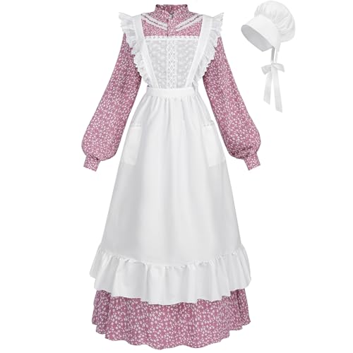 CR ROLECOS Colonial Prairie Dress for Women Long Sleeve Pioneer Costume Amish Old Fashioned Floral Dresses Pink L