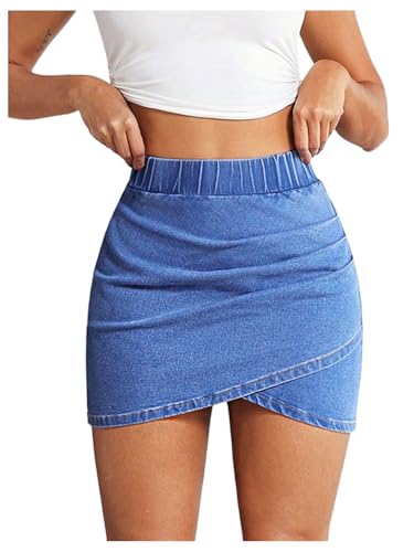 Milumia Women's Denim Skirt Bodycon Wrap Hem Elastic Waist Bodycon Ruched Short Mini Jean Skirts